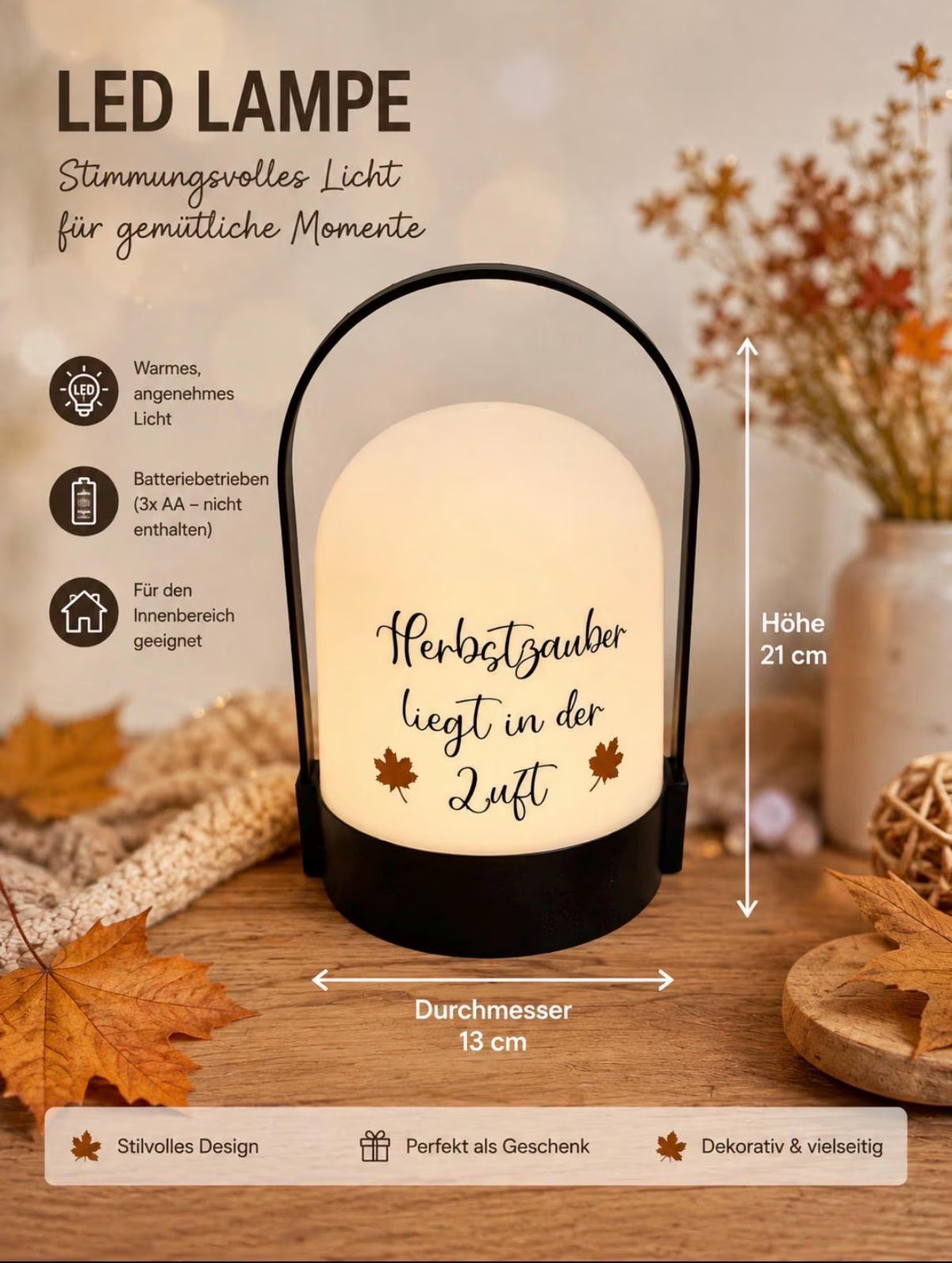 LED Lampe Herbstzauber – Dekorative Herbst Tischlampe mit warmem Licht | Batteriebetrieben | Herbstdeko | Geschenkidee |