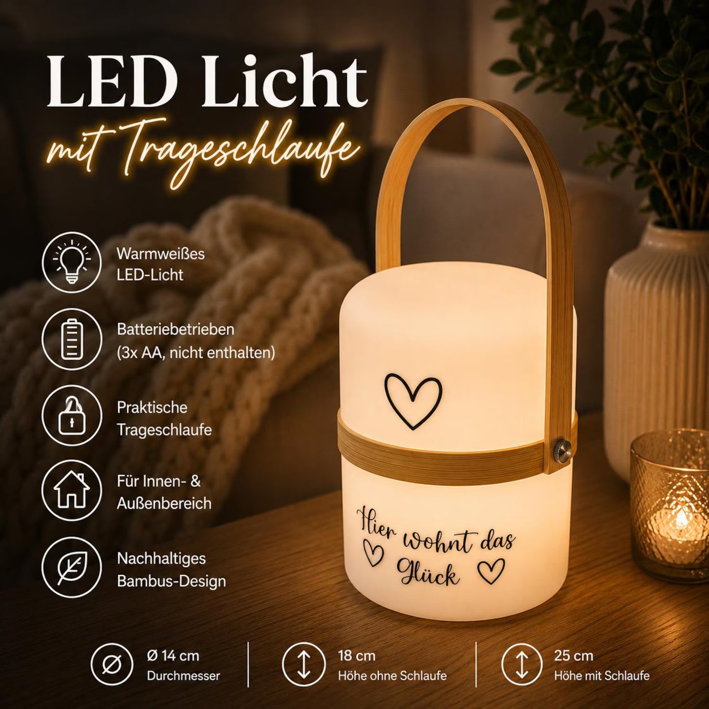 Personalisierte LED Dekolampe mit Wunschtext | Tischlampe mit Holzgriff | Geschenk zum Einzug | Stimmungslicht | Wohnaccessoire