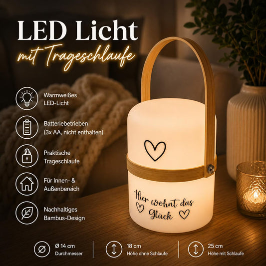 Personalisierte LED Dekolampe mit Wunschtext | Tischlampe mit Holzgriff | Geschenk zum Einzug | Stimmungslicht | Wohnaccessoire