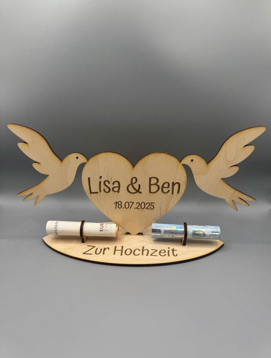 Geldgeschenk Hochzeit personalisiert/Herz/Taube