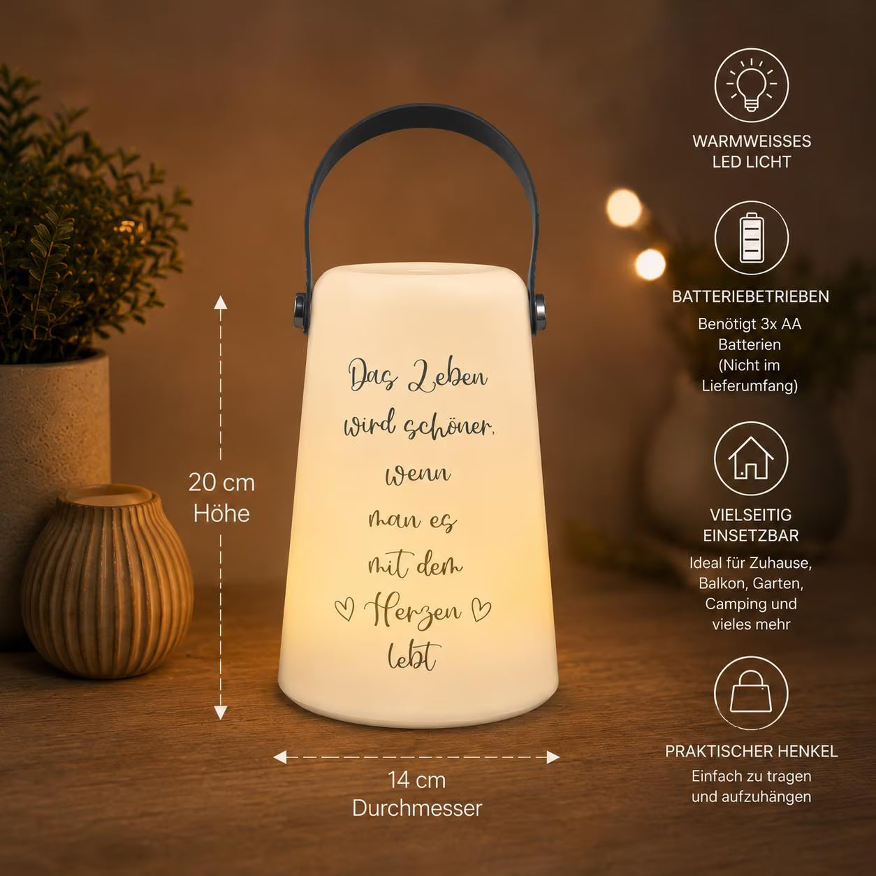 Personalisierte LED Dekolampe mit Wunschtext | Tischlampe mit Holzgriff | Geschenk zum Einzug | Stimmungslicht | Wohnaccessoire